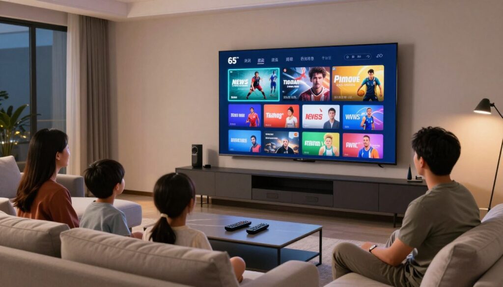 Modern American living room with family watching IPTV USA streaming service on large smart TV showing various channel options