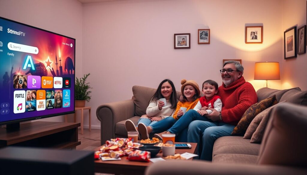 A cozy family living room setting showcasing StrimoIPTV in action. In the foreground, a large flat-screen TV displays a vibrant interface of streaming options, emphasizing family-friendliness and ease of use, with colorful icons and engaging visuals. A cheerful family of four (two parents and two children) is seated on a comfortable couch, all dressed in warm, casual clothing, smiling and enjoying a movie night together. In the middle ground, a coffee table is cluttered with snacks and drinks, creating an inviting atmosphere. The background features soft, ambient lighting, enhancing the relaxed mood, with warm tones from a nearby lamp and family pictures on the walls. The image should have a slightly blurred depth of field, focusing on the family’s joyful expressions and the television screen, evoking a sense of comfort and reliability in home entertainment.