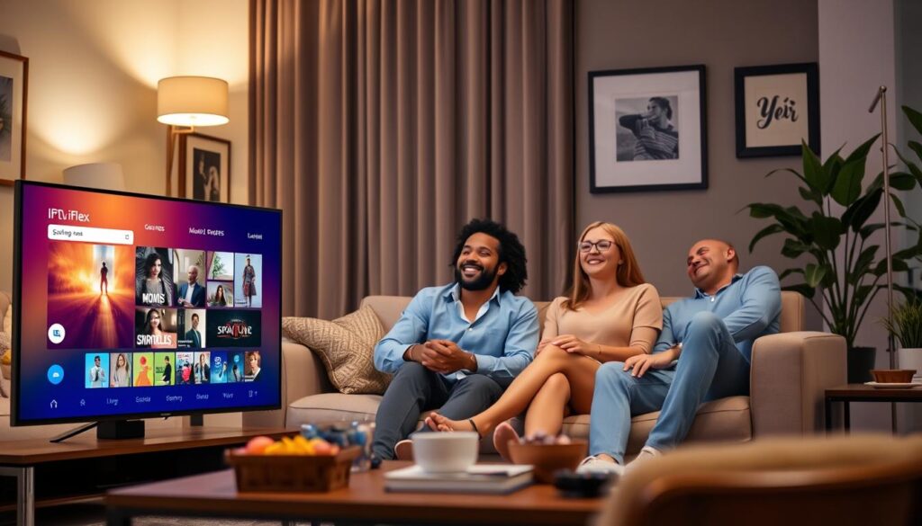 A cozy living room scene showcasing a modern IPTV streaming experience with iflex. In the foreground, a sleek, high-definition television displaying a vibrant streaming interface filled with various genres like movies, shows, and sports. A stylish coffee table with remote controls and snacks. In the middle, a comfortable sofa where a diverse group of three friends in professional casual attire sit, engaged and smiling, enjoying a movie night. The background features soft, ambient lighting from floor lamps, creating a warm and inviting atmosphere. Decorative elements like framed photos and houseplants add to the homey feel. The image captures the essence of a perfect streaming experience, highlighting connection and enjoyment among friends.