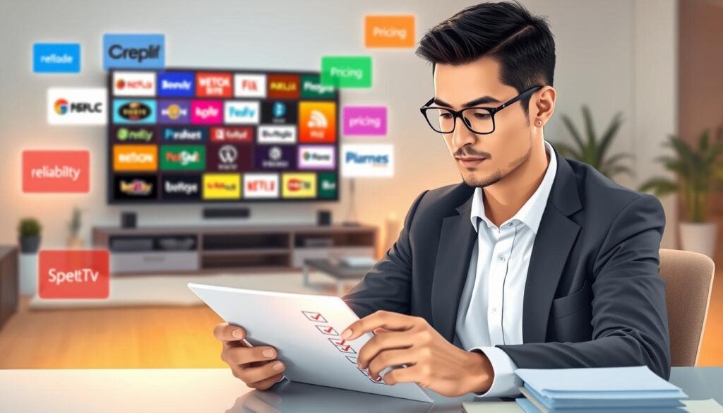 A detailed illustration depicting the "Key Criteria to Choose the Best IPTV Service." In the foreground, a professional business person in formal attire sits at a desk, analyzing a checklist on a digital tablet, with a thoughtful expression. The middle layer features a vibrant and modern living room setup with a large screen displaying various streaming service logos. The background includes colorful graphics representing essential IPTV criteria—like reliability, channel selection, and pricing—floating in a soft, abstract manner. Soft, warm lighting casts a welcoming glow, enhancing the mood of informed decision-making. The scene is at a slight angle, providing depth and focus on the checklist element, inviting engagement and curiosity.