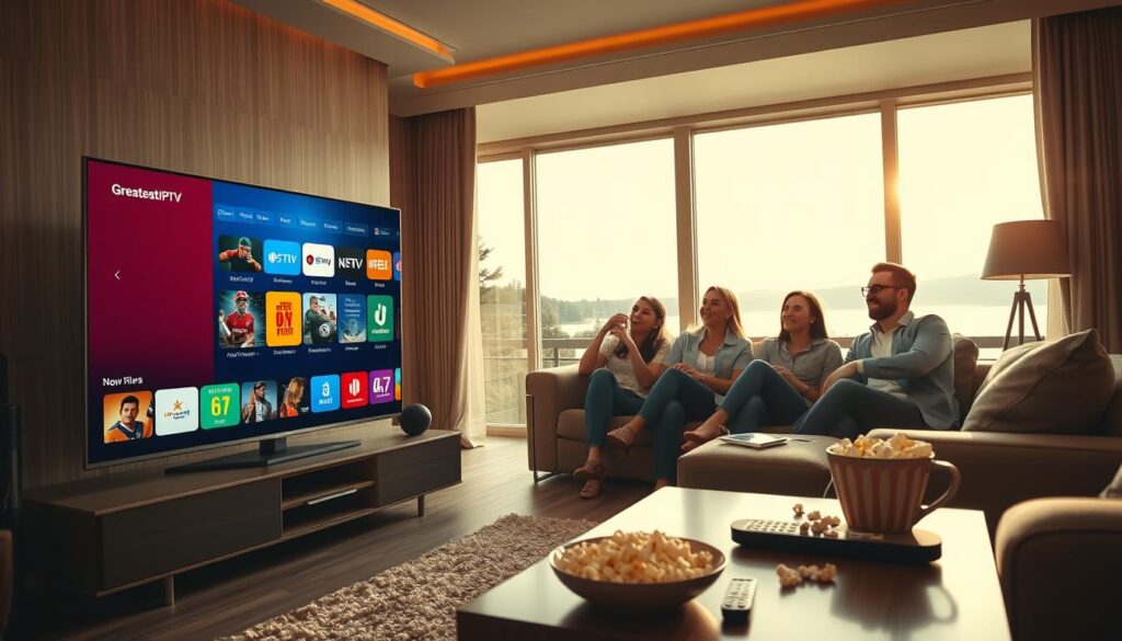 A luxurious living room setting showcasing the ultimate IPTV experience. In the foreground, a sleek, modern television displaying a vibrant interface of the GreatestIPTV channel library, featuring colorful icons representing various genres such as sports, movies, and news. To the right, a stylish coffee table with a bowl of popcorn and remote controls. The middle ground features a plush sofa with individuals in smart casual attire, engaged and excited while watching TV, embodying a cozy family atmosphere. In the background, large windows with soft natural light streaming in, highlighting a serene outdoor view. The overall mood is warm and inviting, emphasizing quality entertainment and a vast array of options. Soft lighting from table lamps enhances the comfort of the space, creating an appealing ambiance perfect for enjoying premium IPTV content.