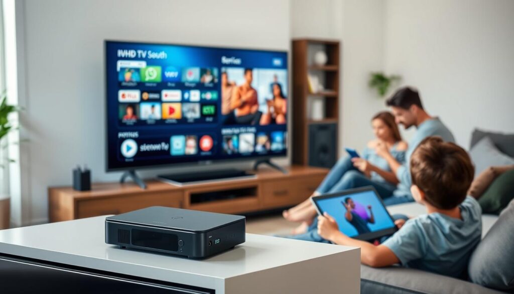 A modern living room showcasing the iflex IPTV device prominently placed on a sleek entertainment unit. The foreground features a stylish television displaying various streaming apps and services. In the middle section, multiple devices such as a tablet, smartphone, and laptop are arranged, indicating multi-room support, with a family engaged in different activities—one member watching TV, another using a tablet, and a child playing a game on a smartphone. The background is slightly blurred, representing a cozy home atmosphere with soft lighting and warm colors, emphasizing comfort and modern technology. The scene is well-lit, simulating natural light coming through a window, creating an inviting and harmonious ambiance to enhance the visual representation of device compatibility and multi-room connectivity.