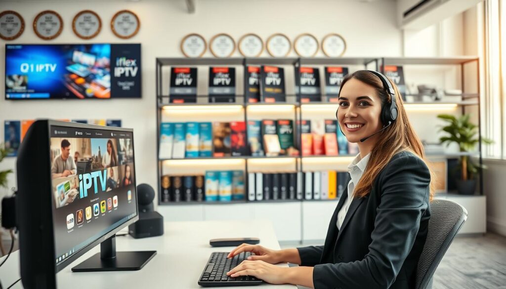A modern office setting that showcases exemplary customer service and support for iflex IPTV. In the foreground, a friendly customer support agent in professional business attire, smiling while using a headset, sits at a clean desk equipped with a dual-monitor setup displaying IPTV interface graphics. In the middle ground, shelves filled with colorful media devices and brochures, emphasizing streaming options. The background features a wall adorned with awards and certifications related to customer service excellence. The lighting is bright and inviting, with soft natural light filtering through large windows, creating a warm atmosphere. The angle captures the agent engaging positively with a virtual interface, conveying professionalism and supportiveness.
