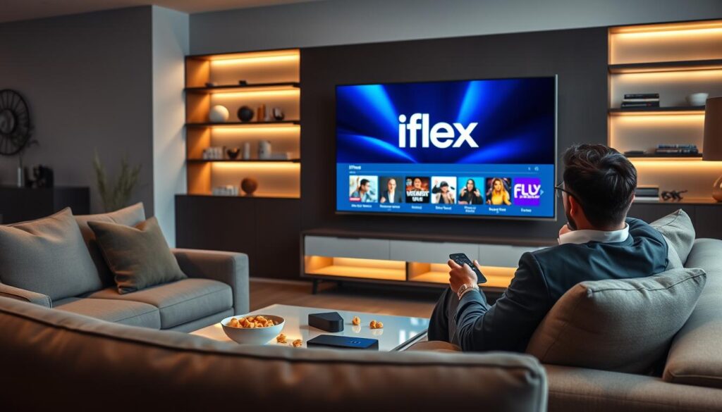 A sleek living room setting with a modern flat-screen TV displaying a vibrant streaming interface reflecting "iflex IPTV." In the foreground, a professional individual in smart casual attire relaxes on a plush sofa, engaging with a remote control. The middle ground showcases a stylish coffee table with snacks and a streaming device prominently featured, while the background includes shelves adorned with soft lighting, creating a warm and inviting atmosphere. The room is softly illuminated with a warm glow, emphasizing a cozy and immersive viewing experience. The scene conveys an effortless, smooth streaming vibe with no interruptions or buffering, blending comfort and technology seamlessly, evoking feelings of enjoyment and relaxation.