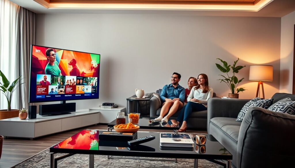 A sleek living room setup featuring a high-definition television displaying vibrant streaming content, symbolizing the premium offerings of GreatestIPTV. In the foreground, a stylish coffee table adorned with a remote control and snacks, inviting leisurely viewing. The middle area includes comfortable modern furniture, like a plush sofa with decorative cushions, where a family of diverse individuals dressed in professional casual attire joyfully engages with each other while watching. In the background, soft, ambient lighting creates a warm and inviting atmosphere, complemented by a hint of greenery from potted plants. The room has a contemporary design, with a large window allowing soft natural light to filter in, enhancing the cozy and reliable feel of home entertainment. The overall mood is one of comfort, enjoyment, and the trustworthiness of premium IPTV services.