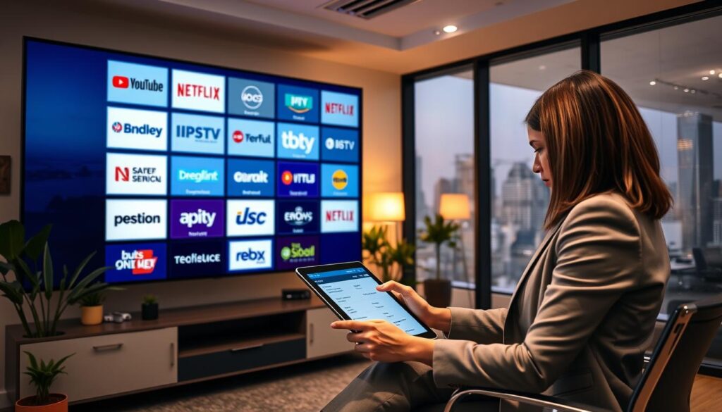 A sleek, modern digital workspace featuring a large, high-resolution screen displaying various IPTV service provider logos in a grid format. In the foreground, a professional woman in smart business attire is seated at a stylish desk, intently reviewing a tablet with IPTV service comparisons. The middle ground showcases a contemporary office with minimalist decor, plants, and soft ambient lighting to create a cozy yet professional atmosphere. In the background, a large window reveals a city skyline, emphasizing reliability and modern technology. The overall mood is focused and informative, with warm, inviting lighting to enhance the feeling of trust and professionalism in streaming services.