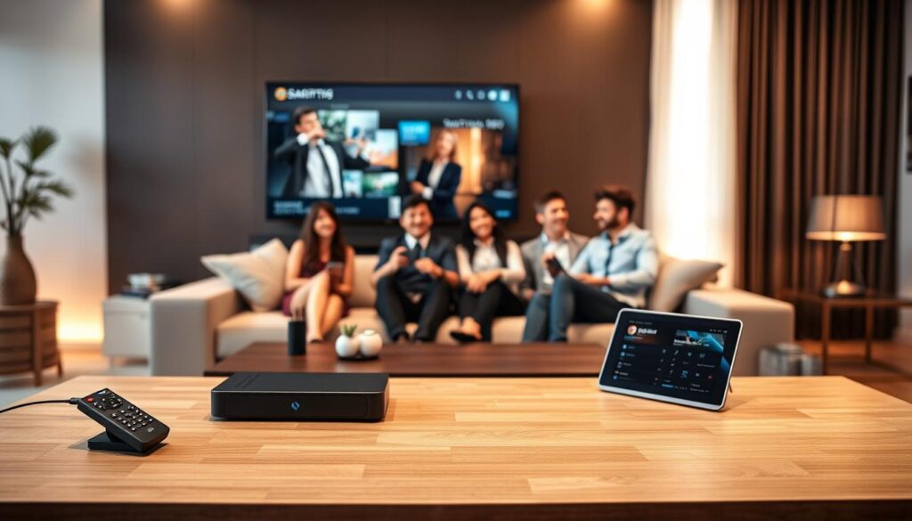 A sleek, modern living room setting showcasing a high-end Smart IPTV Pro device connected to a large, ultra-HD 8K television. In the foreground, a stylish coffee table displays a remote control and a tablet with streaming options. The middle ground features a cozy sofa with plush cushions, where a diverse group of three people in business casual attire intently watch the TV, expressing excitement and engagement. The background includes contemporary decor with ambient lighting that enhances the high-tech atmosphere, casting a warm glow over the scene. Use a wide-angle lens perspective to capture the depth of the room. The overall mood is vibrant and tech-savvy, emphasizing the advanced features of 8K streaming technology.