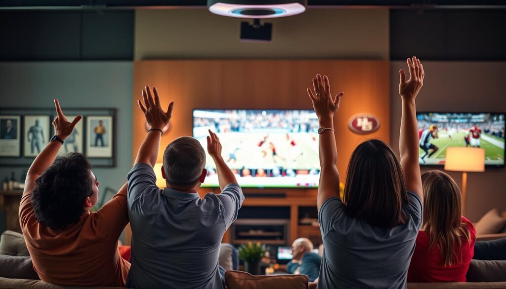 A vibrant scene showcasing KenoaTV's focus on sports and live events. In the foreground, a diverse group of four individuals—two men and two women—are watching an exciting sports game on a large flat-screen TV. They are dressed in casual but neat attire, displaying enthusiasm with raised arms and cheers. In the middle, the TV features a dynamic broadcast with athletes in action, capturing the thrill of the game. The background includes a stylish, modern living room with ambient lighting and sports memorabilia adorning the walls, suggesting an inviting atmosphere for sports fans. The scene is captured in a slightly angled perspective to emphasize the TV screen, with warm lighting to evoke excitement and camaraderie among viewers, perfect for a spirited sports event night.