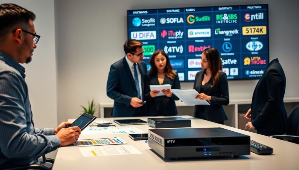 A well-organized workspace highlighting the IPTV evaluation process. In the foreground, a diverse group of three professionals in business attire engaged in discussion, analyzing charts and metrics on a digital tablet. The middle layer features an elegant table with various electronic devices like a tablet, laptop, and IPTV set-top box, surrounded by color-coded notes and graphs. In the background, a large screen displays streaming statistics and IPTV provider logos. Soft, ambient lighting creates a focused atmosphere, with a slight bokeh effect to draw attention to the professionals. The scene conveys a sense of collaboration and analysis, perfect for illustrating a robust evaluation process.