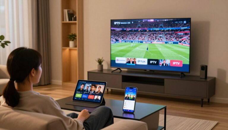 Person watching IPTV free trial on multiple devices including smartphone, tablet, and smart TV