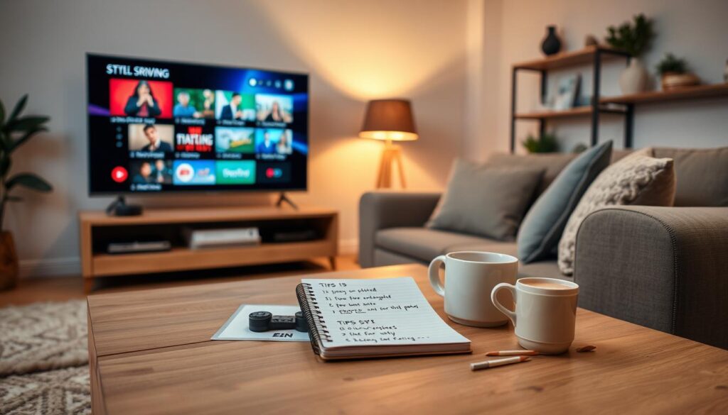 A cozy living room scene showcasing a modern entertainment setup, emphasizing streaming quality and savings with a $1 IPTV concept. In the foreground, a sleek smart TV displays vibrant visuals of various streaming options. A comfortable couch, adorned with pillows, invites relaxation. In the middle, a coffee table holds a laptop, a notepad with tips written in bullet points, and a cup of coffee, symbolizing thoughtful planning. The background features soft ambient lighting from a floor lamp and a shelf with decorative items, enhancing the atmosphere of a tech-savvy space. The overall mood is inviting and informative, with warm lighting to create a sense of comfort and efficiency. Use a standard lens for a balanced perspective.