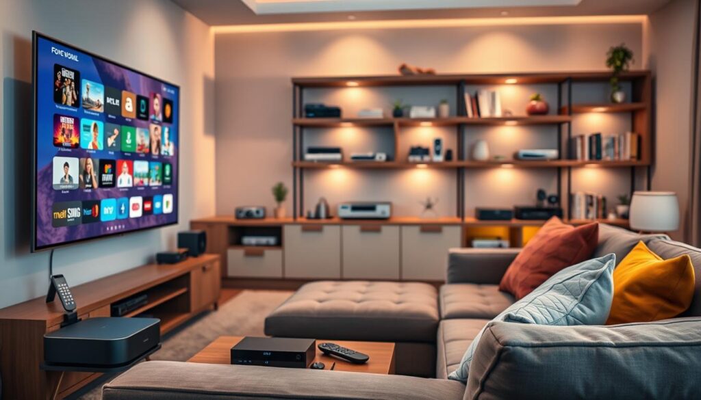 A cozy living room setting designed for optimal IPTV viewing. In the foreground, a sleek, modern TV mounted on the wall displays an array of vibrant streaming services. A comfortable, stylish sofa is positioned in front of the TV, adorned with colorful cushions. On a nearby side table, there are high-quality streaming devices and a remote control, showcasing the latest technology. In the middle ground, a well-organized multimedia shelf holds various devices, books, and decorative items related to entertainment. The background features ambient lighting with soft, warm tones, creating a relaxed atmosphere. The scene conveys a sense of enjoyment and comfort, inviting viewers to immerse themselves in their IPTV experience. The image should be well-lit with a focus on clarity and detail, captured from a slight angle that emphasizes the cozy arrangement.