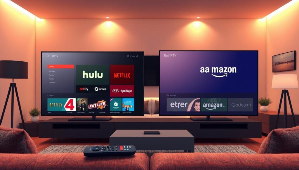 A detailed digital illustration depicting a side-by-side comparison of Bast IPTV with other leading IPTV providers such as Hulu, Netflix, and Amazon Prime Video. In the foreground, showcase sleek, modern interface screenshots of each service displayed on a large flat-screen TV, with a remote control resting beside it. The middle ground includes a stylish living room setting, with a comfortable couch and ambient lighting creating a cozy atmosphere. The background features subtle branding elements of each provider, illustrated in a non-prominent manner. Use warm lighting to evoke a sense of relaxation and enjoyment, with a wide-angle perspective that highlights the entertainment experience at home, focusing on the convenience and innovation that Bast IPTV brings to streaming. Avoid any textual elements or logos. A detailed digital illustration depicting a side-by-side comparison of Bast IPTV with other leading IPTV providers such as Hulu, Netflix, and Amazon Prime Video. In the foreground, showcase sleek, modern interface screenshots of each service displayed on a large flat-screen TV, with a remote control resting beside it. The middle ground includes a stylish living room setting, with a comfortable couch and ambient lighting creating a cozy atmosphere. The background features subtle branding elements of each provider, illustrated in a non-prominent manner. Use warm lighting to evoke a sense of relaxation and enjoyment, with a wide-angle perspective that highlights the entertainment experience at home, focusing on the convenience and innovation that Bast IPTV brings to streaming. Avoid any textual elements or logos.
