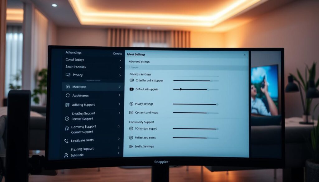 A detailed illustration of Snappier IPTV's advanced settings interface on a modern computer screen, emphasized in the foreground. The screen displays an intuitive and user-friendly layout, showcasing various advanced options such as privacy settings and community support features, represented by icons and sliders. In the middle ground, a comfortable, stylish workspace with tech gadgets like a laptop, tablet, and a smart TV is present, creating a relatable environment for tech users. The background features a softly lit room with ambient lighting, enhancing a modern yet cozy atmosphere. The mood is informative and inviting, suggesting a space where users feel empowered to explore advanced streaming options. The perspective is slightly angled to provide depth while keeping the focus on the screen's detailed interface. A detailed illustration of Snappier IPTV's advanced settings interface on a modern computer screen, emphasized in the foreground. The screen displays an intuitive and user-friendly layout, showcasing various advanced options such as privacy settings and community support features, represented by icons and sliders. In the middle ground, a comfortable, stylish workspace with tech gadgets like a laptop, tablet, and a smart TV is present, creating a relatable environment for tech users. The background features a softly lit room with ambient lighting, enhancing a modern yet cozy atmosphere. The mood is informative and inviting, suggesting a space where users feel empowered to explore advanced streaming options. The perspective is slightly angled to provide depth while keeping the focus on the screen's detailed interface.
