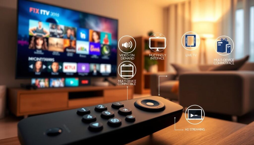 A detailed, informative illustration showcasing the key features of IPTV services. In the foreground, a sleek modern television displaying a variety of streaming icons and channels, symbolizing content variety. In the middle ground, a stylish remote control with buttons labeled for features like "Video On Demand," "Live TV," and "HD Streaming." Surrounding this, graphical representations of features like multi-device compatibility, user-friendly interface, and high-resolution content. In the background, a cozy living room setting with soft, warm lighting, emphasizing a welcoming atmosphere. The composition should have an inviting and professional mood, with a slight focus achieved through a shallow depth of field. The color palette should be vibrant yet harmonious, reflecting technology and entertainment.