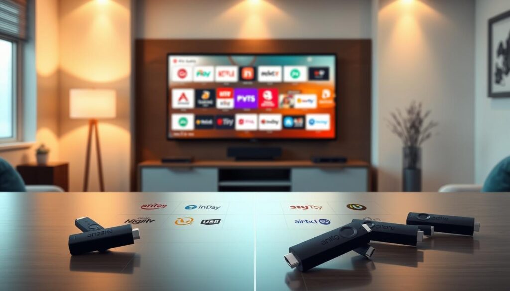 A digital illustration featuring a comparison table for IPTV providers specifically designed for Amazon Firestick users. In the foreground, a sleek and modern table layout displays vibrant icons and logos of various IPTV services, each neatly organized in columns. The middle ground showcases a dynamic visual representation of Firestick devices, glowing softly in warm light, emphasizing their connectivity and usability. The background features a cozy living room setting with a TV mounted on the wall, casting ambient light that creates a comfortable atmosphere for home entertainment. The color palette should be inviting with blues, greens, and soft grays, promoting a sense of reliability and ease of use. The overall mood is informative and professional, reflecting an analysis of top IPTV choices.