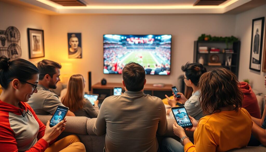 A dynamic scene capturing the excitement of sports streaming and live events. In the foreground, a diverse group of people of various ages and ethnicities, dressed in casual sports apparel, are engaged with their devices, intently watching a game on their tablets and smartphones. In the middle, a large LED screen displays a thrilling live sports event, with vibrant graphics and cheering fans, reflecting the intensity of the game. The background features a modern living room setting with cozy couches, sports memorabilia, and ambient lighting that creates a lively atmosphere. Use a warm color palette to evoke excitement, with bright highlights on the screen and a slightly blurred depth of field to emphasize the group’s engagement. The overall mood is energetic and participatory, perfect for illustrating the allure of sports streaming.