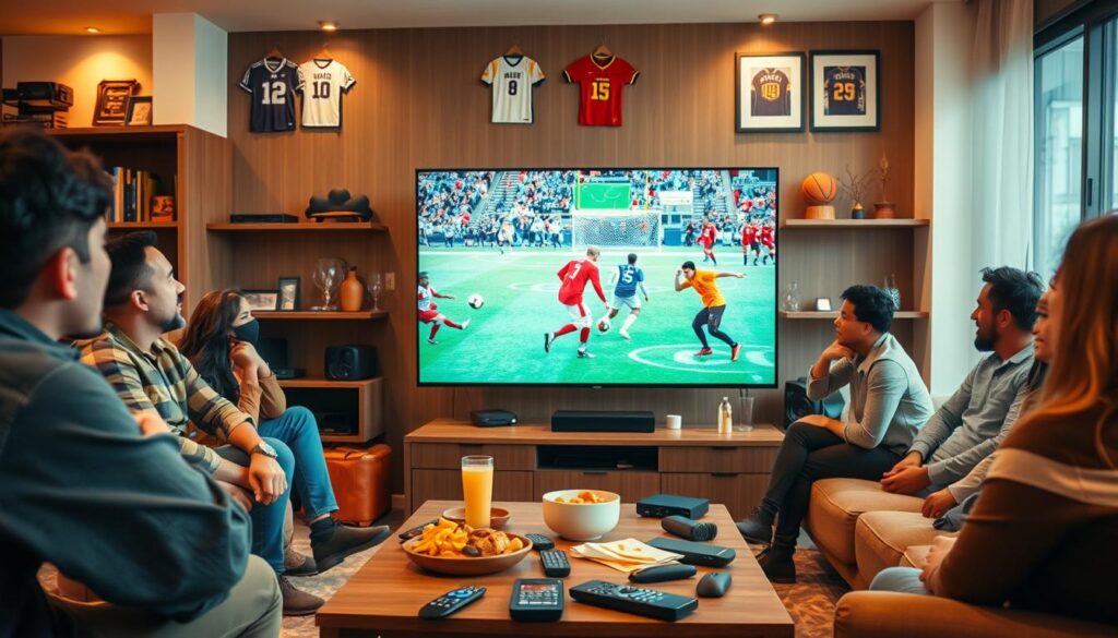 A dynamic scene representing sports coverage in an IPTV environment. In the foreground, a modern living room with a large flat-screen TV, showcasing a lively sports broadcast featuring football, basketball, and soccer games. A diverse group of friends, dressed in casual attire, are intently watching, with snacks and drinks on a coffee table. In the middle ground, various IPTV remote controls and devices are scattered, symbolizing channel variety. The background features shelves with sports memorabilia and framed jerseys. Soft, warm lighting enhances a cozy atmosphere, emphasizing excitement and camaraderie among viewers. The angle is slightly elevated, capturing both the TV and the engaged audience, ensuring a vibrant and inviting ambiance.