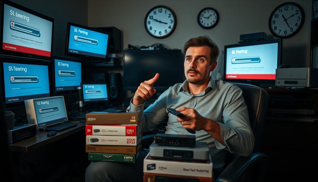 A frustrated individual seated at a cluttered desk, surrounded by multiple screens displaying buffering icons and error messages, conveying the struggles of conventional streaming. In the foreground, the person, dressed in casual yet professional attire, displays a mixture of confusion and frustration while holding a remote control. The middle ground features a jumbled stack of various streaming device boxes. In the background, the dimly lit room is scattered with unorganized cables and a wall clock showing late hours, emphasizing the exhaustion. Use soft, dramatic lighting to create shadows that heighten the mood of frustration and desperation. The angle should be slightly above eye level, offering a broader view of the chaotic streaming setup.