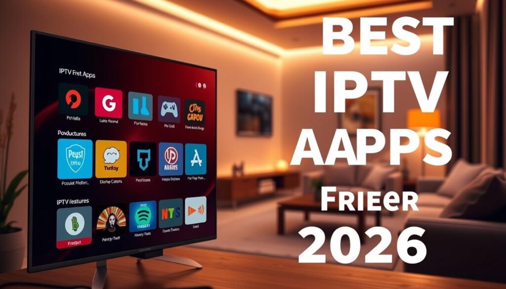 A futuristic digital scene showcasing the best IPTV apps for Firestick in 2026. In the foreground, a sleek, modern television displays various IPTV app icons prominently, each with distinct, colorful designs representing popular features. The middle layer includes a stylish Firestick device plugged into a contemporary TV setup, with subtle glowing lights indicating it’s in use. In the background, a cozy living room with comfortable seating and soft ambient lighting creates an inviting atmosphere, enhancing the tech-savvy feel. Warm tones throughout convey a sense of future comfort, blending technology with home life. The shot is taken from a slightly elevated angle, providing a clear view of the TV screen and the surrounding decor, capturing a seamless blend of innovation and everyday living.