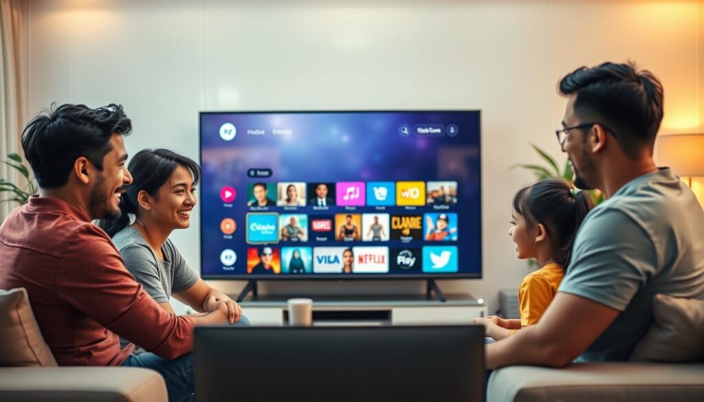 A futuristic living room setting showcasing a family enjoying reliable streaming services through IPTV Com. In the foreground, a happy family of four—two adults and two children—are gathered around a sleek, modern Smart TV, their expressions filled with excitement and engagement. The middle layer features the IPTV Com interface displayed on the screen, featuring vibrant thumbnails and a user-friendly layout. In the background, soft ambient lighting creates a warm atmosphere, with stylish furniture, lush indoor plants, and subtle tech elements like a sound system. The scene is captured from a slightly elevated angle, emphasizing the harmony and connection of the family while illustrating the superior reliability of IPTV Com over traditional cable and other providers.