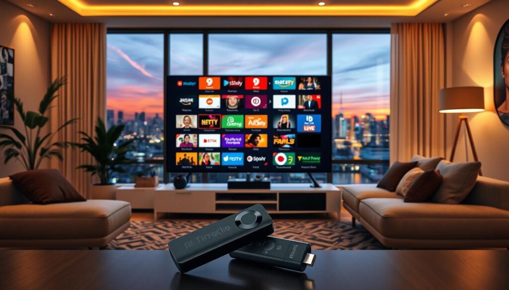 A futuristic living room showcasing an advanced IPTV setup on a sleek Firestick device, positioned at the foreground. In the center, a large flat-screen TV displays an interactive user interface filled with vibrant app icons representing emerging IPTV trends. Surrounding the TV, modern furniture features smart technology and stylish decor. The middle layer should include a cozy couch with a person in professional attire, holding a remote, looking intrigued by the content on the screen. In the background, a window reveals a city skyline at dusk, with colorful lights reflecting the transition of technology. Soft, warm lighting creates an inviting atmosphere, emphasizing the comfort of home entertainment. The scene captures a blend of innovation and relaxation, inspiring a future-oriented perspective on IPTV apps.
