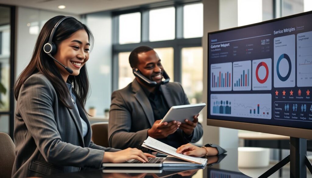 A modern customer support center for a streaming service, featuring a diverse group of three professionals in business attire, actively engaged in assisting customers. In the foreground, a woman of Asian descent wearing a headset, smiling as she types on a laptop. In the middle ground, a Black man on a phone call with a notepad beside him, focused and attentive. To the side, a Caucasian woman reviewing service metrics on a large screen, displaying graphs and charts related to customer feedback. The background shows a sleek, modern office with soft, natural lighting filtering through large windows. The atmosphere is professional and friendly, conveying reliability and trust, captured from a slightly elevated angle to encompass the teamwork dynamic.