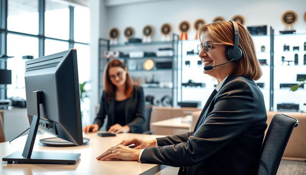 A modern customer support setting featuring a professional customer support agent engaged in a friendly conversation with a satisfied customer. The foreground shows the agent, a middle-aged woman in smart business attire, wearing a headset and smiling, while sitting at a sleek desk with a computer and an IPTV device prominently displayed. In the middle ground, a large, well-lit office space creates a warm atmosphere, with light filtering in through large windows, illuminating the supportive environment. The background includes shelves filled with tech gadgets and awards for excellent service, reinforcing the idea of reliability and trust. The scene conveys an inviting, confident mood, suggesting that IPTV Com's customer support is both approachable and effective.
