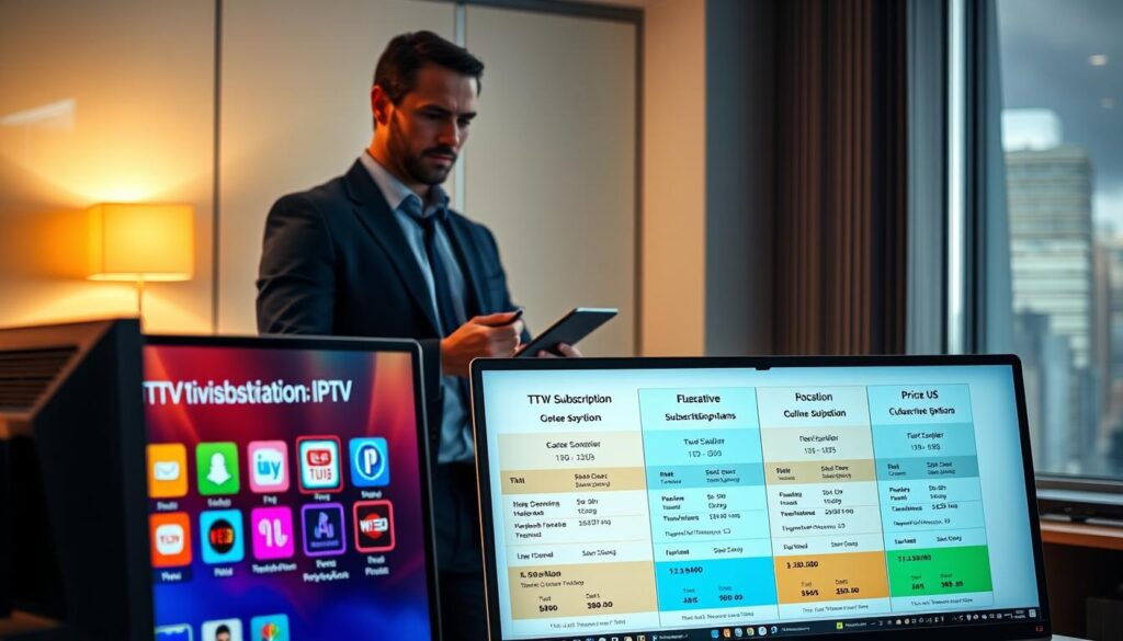 A modern digital workspace featuring a sleek computer displaying Tivistation IPTV subscription plans and pricing options on the screen. The foreground includes vibrant graphics illustrating various subscription levels with colorful icons representing different channels and features. In the middle ground, a confident professional in business attire is analyzing the plans with a thoughtful expression, holding a tablet. The background shows a well-lit office environment with soft ambient lighting, a stylish desk with tech gadgets, and a window revealing a cityscape to evoke a feeling of modernity and connectivity. The atmosphere is informative yet inviting, highlighting the flexibility and variety of Tivistation’s offerings for viewers in the US.