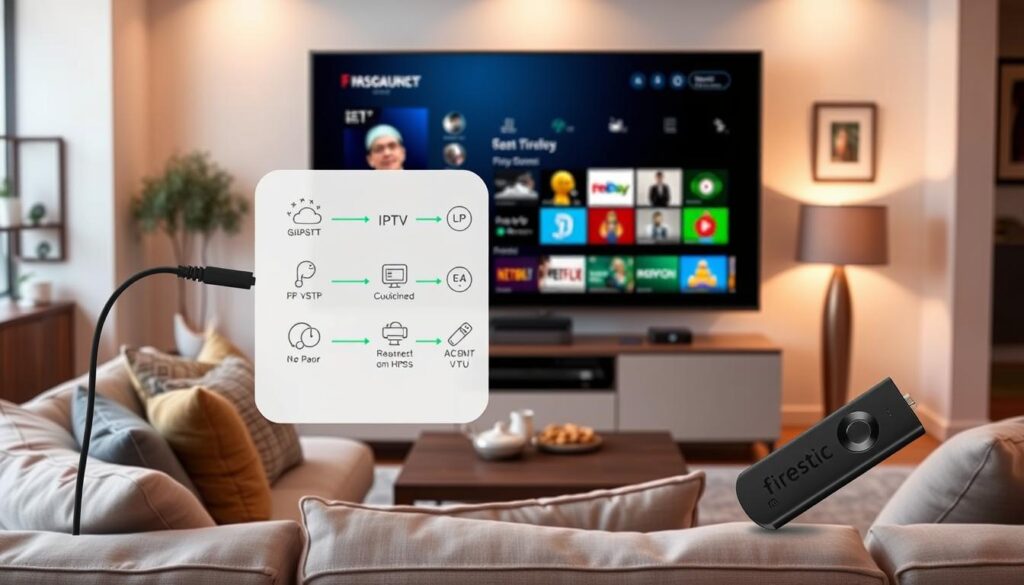 A modern living room featuring a Firestick plugged into a sleek flat-screen TV, displaying a vivid interface showcasing IPTV streaming options. In the foreground, a comfortable sofa with stylish throw pillows invites viewers to relax. The middle ground includes a wooden coffee table with snacks and a remote control, while subtle ambient lighting enhances the cozy atmosphere. The background illustrates elegant wall decor and a window with soft natural light filtering in. The focus is on the technology, with an infographic-style flowchart in a semi-transparent overlay that visually explains the IPTV streaming process on Firestick, using colored lines and icons, creating an engaging and informative visual experience. The scene exudes a warm, inviting mood, perfect for understanding technology in a home setting.