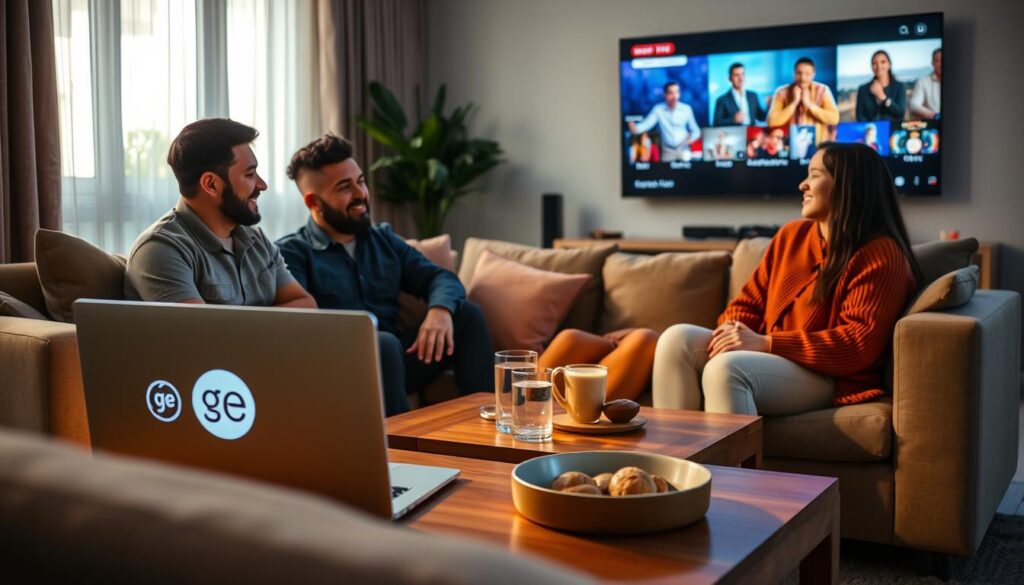 A modern living room featuring a diverse group of three individuals seated comfortably on a plush sofa, engaged in a discussion about ge IPTV. The foreground highlights a laptop with the ge IPTV interface displayed, casting a warm glow on their faces. In the middle ground, a coffee table is adorned with snacks and drinks, enhancing the relaxed atmosphere. The background shows a large screen displaying vibrant content from ge IPTV, with soft lighting creating an inviting ambiance. The scene captures a sense of community and shared experience, emphasizing the positive feelings associated with choosing a streaming service. Use a wide-angle lens to encapsulate the room's coziness, with natural lighting coming from a window to set a warm, engaging mood. The overall tone is friendly and informative, showcasing an important user intent behind the choice of ge IPTV without text or distractions.