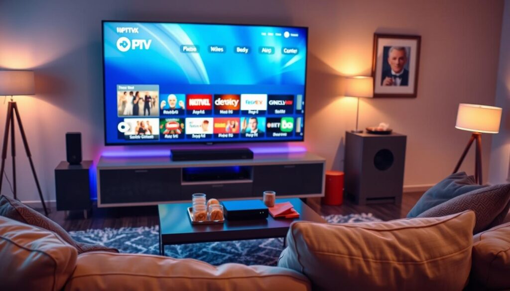 A modern living room featuring a stylish television displaying a vibrant IPTV streaming interface showcasing a variety of channels and content options. In the foreground, a comfortable couch with plush cushions invites viewers to settle in, while a coffee table holds snacks and drinks, creating a cozy environment. In the middle ground, a sleek media console reflects a blend of contemporary design and technology, with subtle ambient lighting that highlights the IPTV device. The background displays soft, warm-colored walls adorned with framed artwork, creating an inviting atmosphere. The lighting is soft, emanating from floor lamps, enhancing the relaxed vibe. The overall mood is one of comfort, excitement, and modern convenience, emphasizing the satisfaction of the streaming experience.