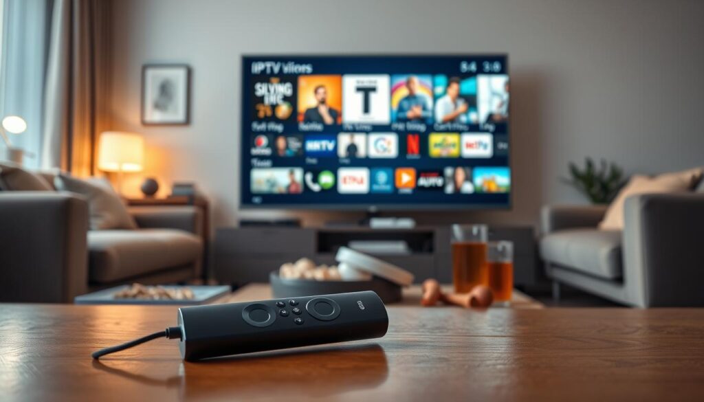 A modern living room scene featuring a sleek Amazon Firestick plugged into a stylish TV, showcasing a vibrant screen displaying a selection of IPTV channels and content libraries. In the foreground, the TV remote lies casually on a coffee table cluttered with snacks and a drink. The middle ground highlights the TV screen, which exhibits colorful thumbnails of various TV shows, movies, and live channels, emanating a warm glow. The background features cozy furniture and soft ambient lighting that creates an inviting atmosphere. Add a subtle depth of field to focus on the TV screen while softly blurring the surrounding elements, using bright but not overpowering lighting to convey a sense of modern entertainment. The overall mood is relaxed and engaging, inviting viewers into a world of diverse content options.