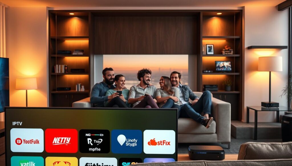 A modern living room scene showcasing a variety of affordable IPTV subscription providers in the US. In the foreground, a sleek, flat-screen TV displays a range of colorful streaming icons representing different IPTV services, symbolizing diversity and choice. In the middle, a cozy couch with a couple of diverse individuals, casually but professionally dressed, enjoying a movie night together, exuding a friendly and inviting atmosphere. In the background, soft-lit shelves with multiple smart devices like streaming boxes and tablets showcase technology, hinting at a connected lifestyle. The lighting is warm and inviting, suggesting a comfortable evening setting, while a window reveals a softly lit urban skyline at dusk. The composition should feel informative yet relaxed, embodying the concept of affordable entertainment.