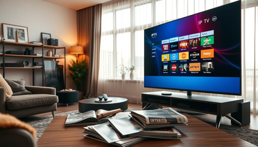 A modern living room set up for watching IPTV services, featuring a large flat-screen TV displaying a colorful IPTV interface in the foreground. The room is cozy, with a plush sofa and stylish decor, including a shelf with various streaming devices and remote controls. In the middle ground, a coffee table is piled with magazines and snacks, creating an inviting atmosphere. In the background, a large window allows soft, natural light to flood the room, highlighting the comfortable and engaging environment. The composition is viewed from a slight diagonal angle, enhancing depth and focus on the IPTV experience. The mood is warm and relaxed, perfect for enjoying diverse entertainment options. A modern living room set up for watching IPTV services, featuring a large flat-screen TV displaying a colorful IPTV interface in the foreground. The room is cozy, with a plush sofa and stylish decor, including a shelf with various streaming devices and remote controls. In the middle ground, a coffee table is piled with magazines and snacks, creating an inviting atmosphere. In the background, a large window allows soft, natural light to flood the room, highlighting the comfortable and engaging environment. The composition is viewed from a slight diagonal angle, enhancing depth and focus on the IPTV experience. The mood is warm and relaxed, perfect for enjoying diverse entertainment options.