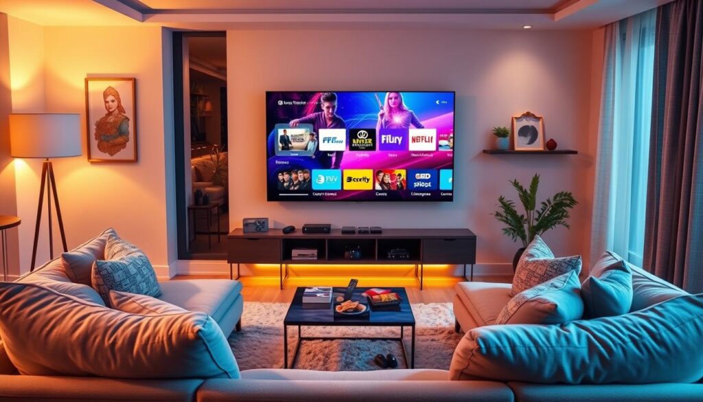 A modern living room setting designed for an engaging IPTV experience. In the foreground, a sleek, high-definition television displays vibrant visuals showcasing various IPTV features like an intuitive user interface, streaming options, and genre categories. A comfortable sofa with plush cushions and a small coffee table filled with remote controls and snacks lies at the center. In the middle ground, a stylish shelf holds multimedia devices and streaming gadgets. The background features warm, ambient lighting that gives the space a cozy, inviting feel, complemented by subtle decorations that enhance the modern aesthetic. The scene is viewed from a slightly elevated angle, creating a dynamic perspective that emphasizes the technology and its integration into everyday life. The mood is relaxed and vibrant, perfect for illustrating a cutting-edge streaming experience in 2026. A modern living room setting designed for an engaging IPTV experience. In the foreground, a sleek, high-definition television displays vibrant visuals showcasing various IPTV features like an intuitive user interface, streaming options, and genre categories. A comfortable sofa with plush cushions and a small coffee table filled with remote controls and snacks lies at the center. In the middle ground, a stylish shelf holds multimedia devices and streaming gadgets. The background features warm, ambient lighting that gives the space a cozy, inviting feel, complemented by subtle decorations that enhance the modern aesthetic. The scene is viewed from a slightly elevated angle, creating a dynamic perspective that emphasizes the technology and its integration into everyday life. The mood is relaxed and vibrant, perfect for illustrating a cutting-edge streaming experience in 2026.