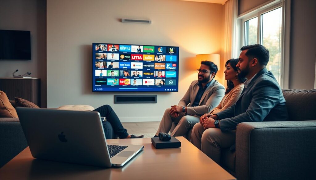A modern living room setting, featuring a cozy sofa and a sleek coffee table with a laptop open to a user-friendly IPTV interface. In the foreground, a diverse group of three adults, dressed in smart casual attire, engaged in discussion, showcasing expressions of focus and interest. The large screen on the wall displays a vibrant IPTV app interface, filled with thumbnails of various channels. The background includes subtle accents of technology, like a reliable Wi-Fi router and a wall-mounted television. Warm, natural lighting filters through a nearby window, creating an inviting atmosphere. The view captures a blend of professionalism and home comfort, emphasizing the thorough testing and evaluation process of affordable IPTV subscriptions.