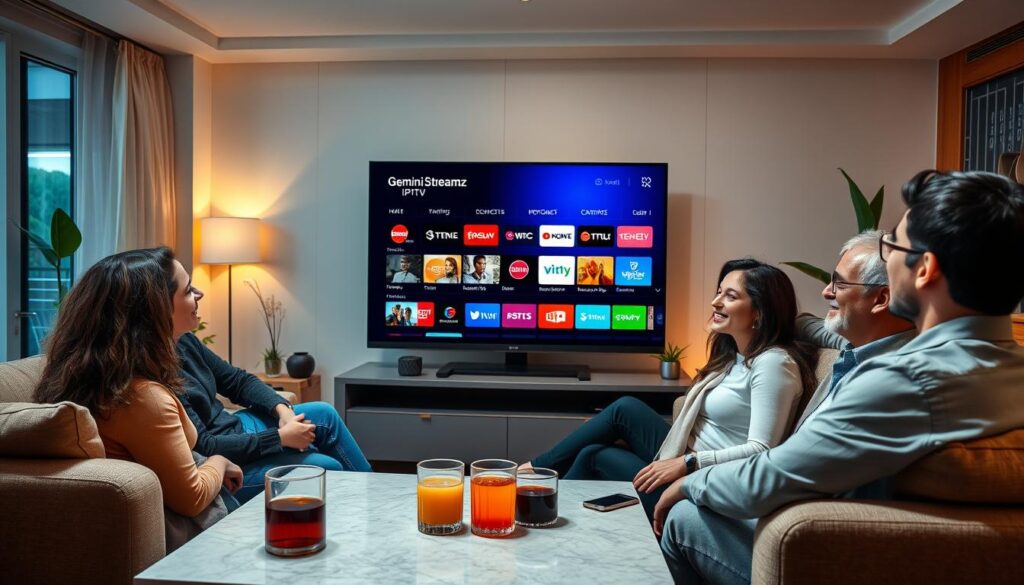 A modern living room setting featuring a diverse group of three adults watching a large flat-screen TV, displaying the Gemini Streamz IPTV interface with vibrant channels and user-friendly navigation. The foreground includes a stylish coffee table with refreshments, adding a cozy touch. In the middle, the couch is adorned with colorful throw pillows, enhancing comfort and warmth. The background showcases a softly lit, contemporary interior with ambient lighting and decorative plants, creating a relaxed atmosphere. Use warm lighting to evoke a friendly and inviting mood, captured from a slightly elevated angle to emphasize the enjoyment of the viewing experience. The adults are dressed in smart casual attire, engaged and smiling as they share this memorable moment together.