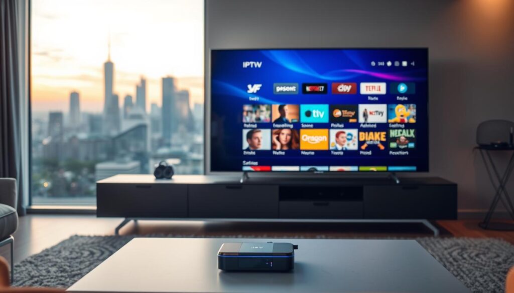 A modern living room setting showcasing IPTV streaming technology. In the foreground, a sleek smart television displays a vibrant interface featuring various streaming channels and content categories. In the middle ground, a stylish entertainment unit holds a small IPTV set-top box, with a remote control beside it. Soft ambient lighting casts a warm glow in the room, creating a cozy, inviting atmosphere. In the background, a large window reveals a picturesque city skyline at dusk, enhancing the feeling of modernity. The composition is shot from a slightly elevated angle, providing a clear view of the technology in use. The mood is futuristic yet comfortable, reflecting the transformative impact of IPTV on streaming experiences. A modern living room setting showcasing IPTV streaming technology. In the foreground, a sleek smart television displays a vibrant interface featuring various streaming channels and content categories. In the middle ground, a stylish entertainment unit holds a small IPTV set-top box, with a remote control beside it. Soft ambient lighting casts a warm glow in the room, creating a cozy, inviting atmosphere. In the background, a large window reveals a picturesque city skyline at dusk, enhancing the feeling of modernity. The composition is shot from a slightly elevated angle, providing a clear view of the technology in use. The mood is futuristic yet comfortable, reflecting the transformative impact of IPTV on streaming experiences.