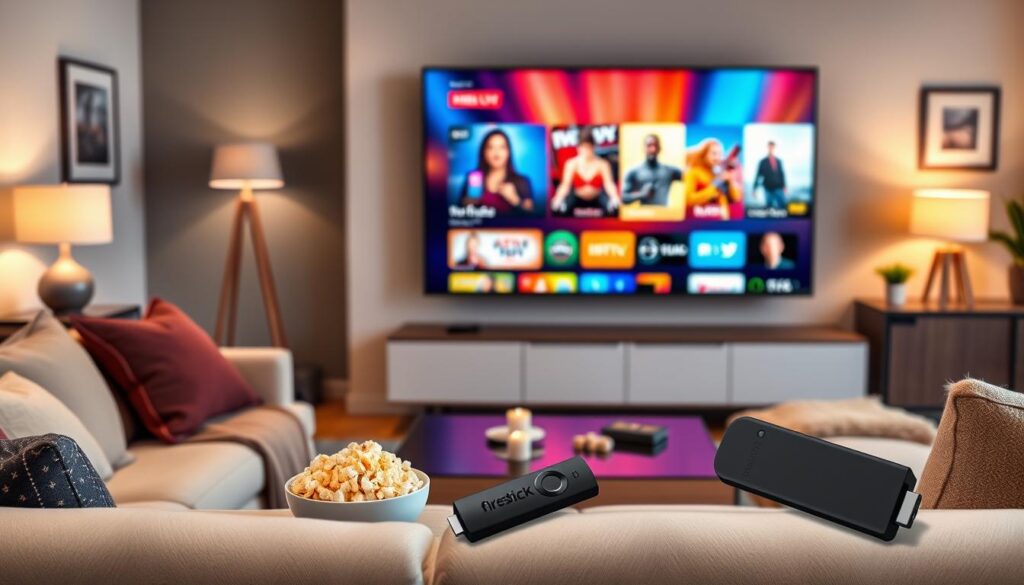 A modern living room setting showcasing a Firestick device connected to a large flat-screen TV. In the foreground, a comfortable couch with stylish cushions and a throw blanket. A sleek coffee table holds a bowl of popcorn and a remote control. In the middle ground, the TV screen displays vibrant IPTV streaming content with colorful visuals, reflecting an engaging entertainment experience. The background includes soft lighting from table lamps with warm hues, creating a cozy and inviting atmosphere. The room has a contemporary design with decorative elements like framed artwork and potted plants. The overall mood is relaxed and enjoyable, perfect for a family or friends gathered to enhance their streaming experience.