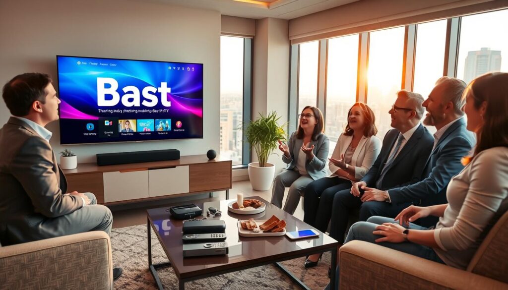 A modern living room setting showcasing a high-definition TV displaying a vibrant streaming interface labeled "Bast IPTV". In the foreground, a diverse group of four adults, dressed in professional business attire, are engaged in an animated discussion about the advantages of Bast IPTV, expressing excitement and enthusiasm. The middle ground features a stylish coffee table with remote controls, snacks, and digital devices. Soft, warm lighting creates a cozy atmosphere, with natural light filtering through large windows in the background that show a bustling cityscape. The overall mood is inviting and informative, emphasizing the enhanced streaming experience that Bast IPTV offers. The image should capture the essence of connection and technology without any text or branding. A modern living room setting showcasing a high-definition TV displaying a vibrant streaming interface labeled "Bast IPTV". In the foreground, a diverse group of four adults, dressed in professional business attire, are engaged in an animated discussion about the advantages of Bast IPTV, expressing excitement and enthusiasm. The middle ground features a stylish coffee table with remote controls, snacks, and digital devices. Soft, warm lighting creates a cozy atmosphere, with natural light filtering through large windows in the background that show a bustling cityscape. The overall mood is inviting and informative, emphasizing the enhanced streaming experience that Bast IPTV offers. The image should capture the essence of connection and technology without any text or branding.