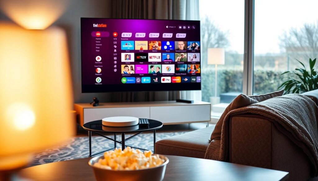 A modern living room setting showcasing a high-quality IPTV streaming experience with Tivistation. In the foreground, there’s a sleek TV displaying a vibrant interface of Tivistation IPTV channels, featuring a colorful grid of programs. The middle ground includes a comfortable couch with a cozy blanket draped over it, a bowl of popcorn on a stylish coffee table, and a remote control resting nearby. In the background, large windows allow natural light to flood the room, enhancing a warm, inviting atmosphere. Soft, ambient lighting accentuates the relaxing mood, while a decorative lamp casts a gentle glow. The overall composition conveys a sense of trust and reliability in the streaming service, emphasizing a user-friendly, enjoyable viewing experience.