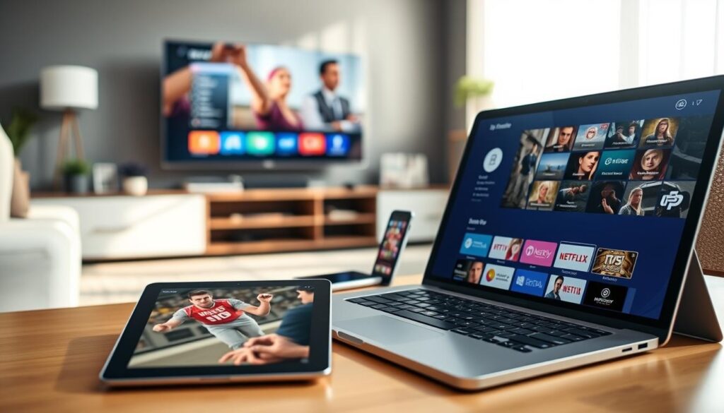 A modern living room setting, showcasing different devices compatible with IPTV apps, such as smart TVs, tablets, and smartphones. In the foreground, a sleek tablet displays an IPTV app interface, while a smart TV in the background streams content. The middle layer features a laptop open with various IPTV applications visible on the screen. Soft, natural lighting floods the room, creating a warm and inviting atmosphere. Use a shallow depth of field to focus on the devices, giving a sense of professionalism. The scene conveys a mood of accessibility and modern technology, perfect for illustrating device compatibility with affordable IPTV subscriptions.