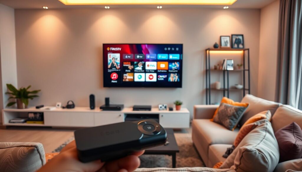 A modern living room setting showcasing the concept of IPTV apps for Firestick in 2026. In the foreground, highlight a sleek black TV mounted on the wall displaying a vibrant user interface of popular IPTV apps. Surround the TV with a stylish, minimalist entertainment center filled with tech gadgets like a Firestick remote. The middle ground features a comfortable sofa, adorned with colorful cushions, inviting viewers to unwind while streaming. In the background, soft, ambient lighting creates a cozy atmosphere, while a modern shelf holds technology books and small potted plants. Capture this scene using a wide-angle lens for an immersive feel, with warm lighting to evoke a welcoming mood. Ensure no people are present in the image, focusing solely on the tech and setting.