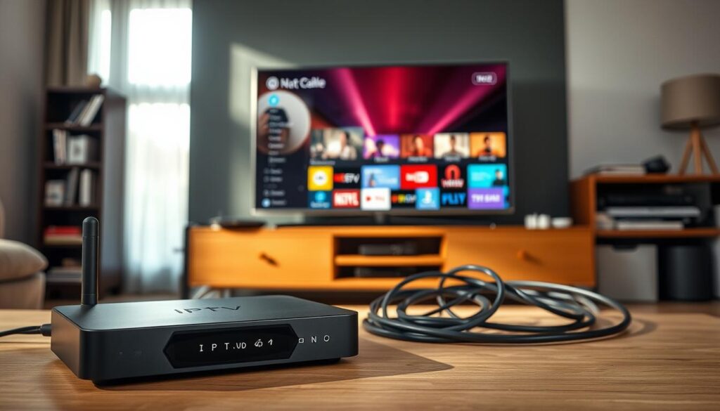 A modern living room setting that contrasts IPTV with traditional cable TV. In the foreground, a sleek, trendy IPTV streaming box with vibrant graphics on a smart television displaying various streaming options. In the middle, a cable box with tangled wires, set against a cluttered entertainment center. The background features a cozy sofa and soft lighting, creating a warm and inviting atmosphere. Sunlight filters through a large window, illuminating the IPTV box, symbolizing clarity and modernity. The mood is informative and uplifting, highlighting the benefits of IPTV—flexibility, variety, and accessibility—over the old-school cable system. Capture this scene from a slightly elevated angle to emphasize the dynamic differences between the two media options. A modern living room setting that contrasts IPTV with traditional cable TV. In the foreground, a sleek, trendy IPTV streaming box with vibrant graphics on a smart television displaying various streaming options. In the middle, a cable box with tangled wires, set against a cluttered entertainment center. The background features a cozy sofa and soft lighting, creating a warm and inviting atmosphere. Sunlight filters through a large window, illuminating the IPTV box, symbolizing clarity and modernity. The mood is informative and uplifting, highlighting the benefits of IPTV—flexibility, variety, and accessibility—over the old-school cable system. Capture this scene from a slightly elevated angle to emphasize the dynamic differences between the two media options.