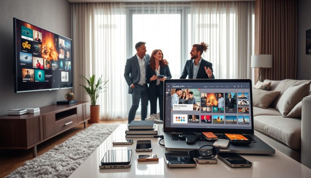 A modern living room setting with a sleek television displaying vibrant streaming content, symbolizing IPTV technology. In the foreground, a diverse group of three people, dressed in professional business attire, animatedly discussing the benefits of IPTV, with a laptop open in front of them showcasing a user-friendly IPTV interface. The middle ground features a stylish coffee table cluttered with electronic devices like smartphones and tablets, emphasizing connectivity. In the background, a large window with soft, natural light filters in, creating a warm and inviting atmosphere. The room is tastefully decorated with modern furniture, conveying a sense of innovation and efficiency in streaming technology. The overall mood is engaging and informative, highlighting the future of television.