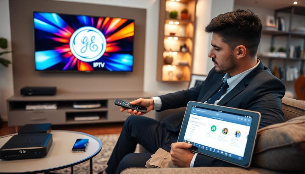 A modern living room setup showcasing a flat-screen TV displaying vibrant ge IPTV graphics. In the foreground, a focused individual, dressed in professional business attire, is seated on a comfortable sofa, intently configuring the IPTV setup using a sleek remote control and a tablet displaying installation steps. To the left, a small table holds a variety of devices like a streaming box, smartphone, and laptop. The middle ground features a stylish entertainment unit with neatly arranged cables and accessories. The background shows softly lit shelves adorned with books and decorative items, creating a warm and inviting atmosphere. The lighting is bright but soft, emphasizing a tech-savvy yet cozy environment. The angle is slightly tilted to capture both the individual and the gadgets clearly.