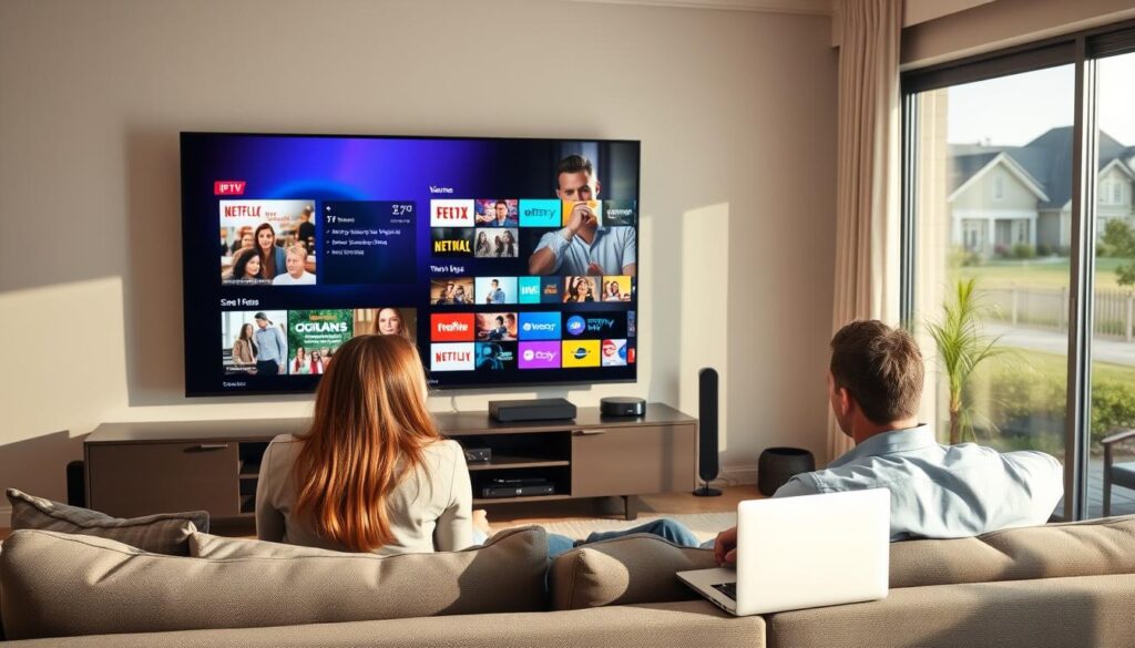 A modern living room showcasing a family gathered around a large flat-screen TV, which displays a vibrant IPTV interface with various streaming options. In the foreground, a couple in professional business attire are sitting on a comfortable couch, discussing content choices. The middle ground features a sleek entertainment center with streaming devices and a laptop open, reflecting an inviting atmosphere. In the background, through a large window, a suburban neighborhood can be seen, suggesting the typical American home. Soft, natural lighting floods the room, creating a cozy mood. The overall composition should evoke a sense of convenience and modernity, highlighting the transition from traditional cable to IPTV services in the United States.