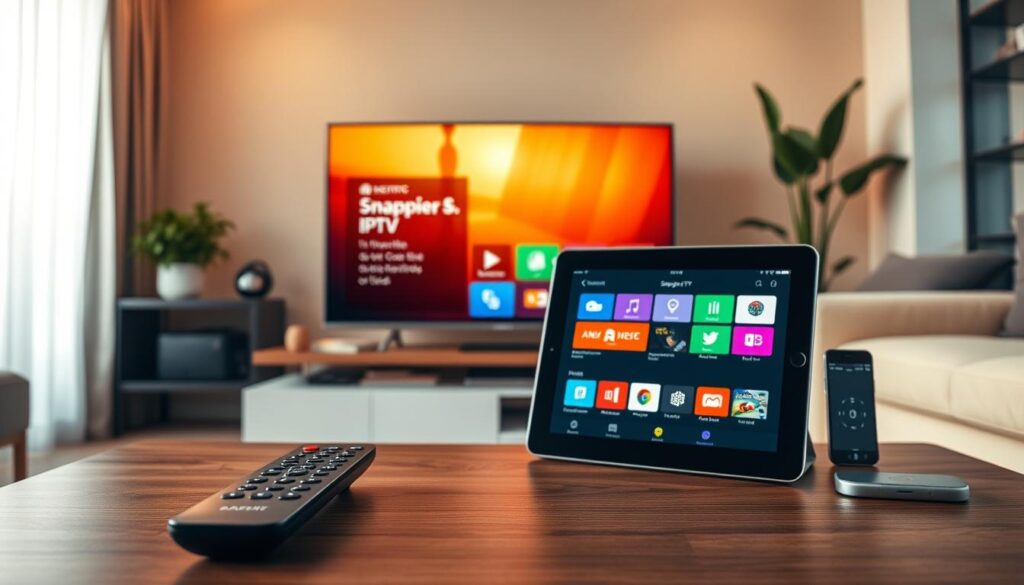 A modern living room showcasing a variety of devices connected to Snappier IPTV, including a smart TV, tablet, and smartphone. In the foreground, a sleek remote control lies on a stylish coffee table. The middle features a vibrant screen displaying an intuitive user interface with colorful icons for seamless navigation. The background is warmly lit, with soft natural light streaming through a window, highlighting a cozy sofa and decorative elements like plants. The atmosphere conveys comfort and user-friendliness, while emphasizing the ease of multi-device compatibility and cloud syncing. The lens captures the scene from a slightly elevated angle, ensuring clarity of devices and a holistic view of the home environment. A modern living room showcasing a variety of devices connected to Snappier IPTV, including a smart TV, tablet, and smartphone. In the foreground, a sleek remote control lies on a stylish coffee table. The middle features a vibrant screen displaying an intuitive user interface with colorful icons for seamless navigation. The background is warmly lit, with soft natural light streaming through a window, highlighting a cozy sofa and decorative elements like plants. The atmosphere conveys comfort and user-friendliness, while emphasizing the ease of multi-device compatibility and cloud syncing. The lens captures the scene from a slightly elevated angle, ensuring clarity of devices and a holistic view of the home environment.