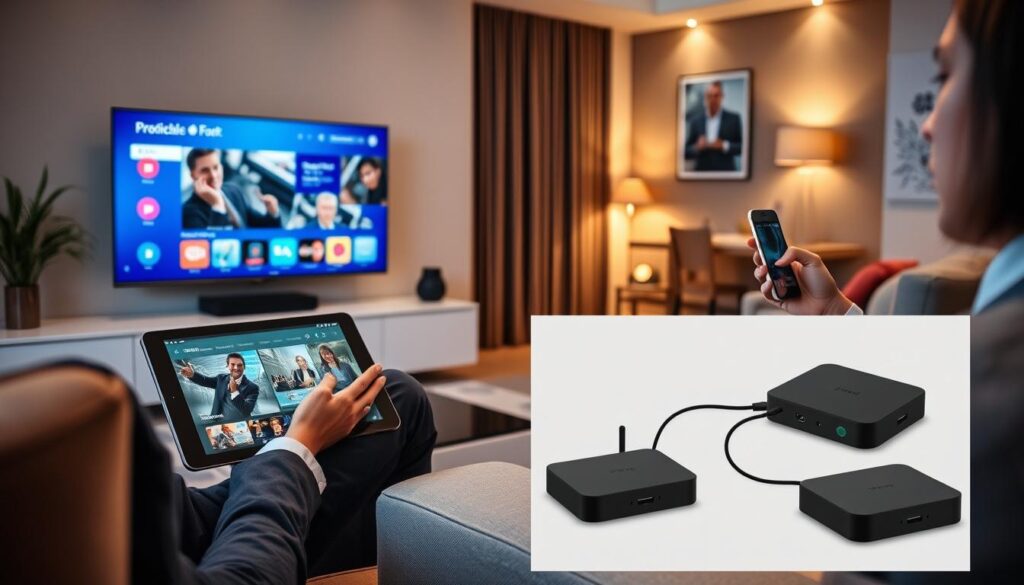 A modern living room showcasing multiple devices compatible with IPTV Com: a sleek smart TV displaying the IPTV Com interface, a tablet resting on a coffee table, a smartphone in someone's hand, and a streaming device connected to the TV. In the foreground, an individual in professional business attire sits comfortably on a stylish sofa, engaged in streaming content on the tablet. The middle ground emphasizes the devices with soft lighting highlighting their features, while the background showcases a cozy, well-decorated room with ambient lighting, conveying a warm and inviting atmosphere. The scene is captured from a slightly elevated angle, focusing on the seamless integration of technology in everyday life, emphasizing reliability and versatility. The overall mood is one of comfort and modernity.